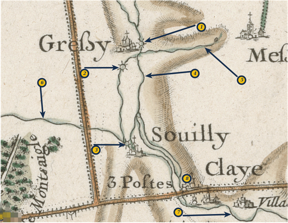 La Beuvronne aux alentours de Gressy sur la carte de Cassini publiée entre 1756 et 1789