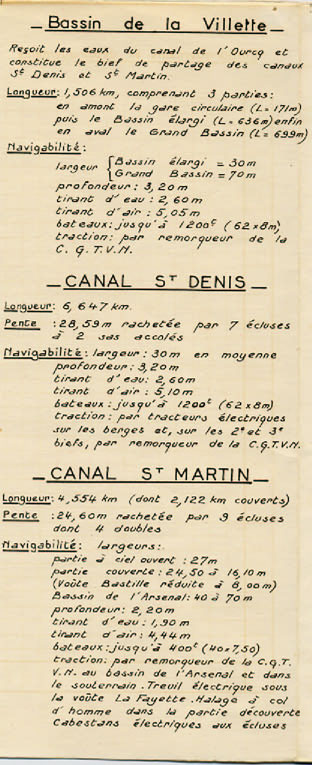 Caractéristiques techniques du bassin de la Villette, des canaux St-Denis et St-Martin