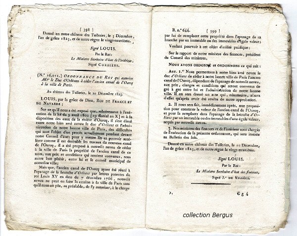Ordonnance du Roi Louis XVIII qui autorise Mgr le duc d'Orléans à céder l'ancien canal de l'Ourcq à la ville de Paris
