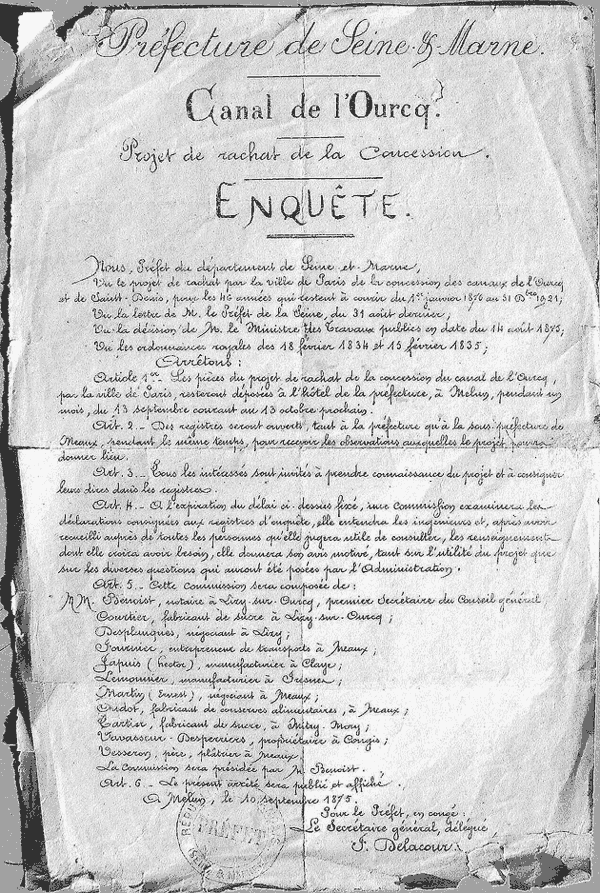 Avis d'enquête sur le projet de rachat par la ville de Paris de la concession des canaux de l’Ourcq et de Saint-Denis, pour les 46 années qui restent à courir du 1er janvier 1876 au 31 décembre 1921.