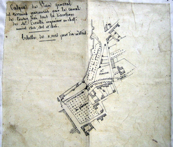 Calque du Plan général des terrains parcourus par le canal de l'Ourcq, levé sous la direction de M. L'ÉVEILLÉ, Ingénieur en Chef. Années 1804, 1805 et 1806. Archives communales de Meaux  photo Jean-Louis DUFFET