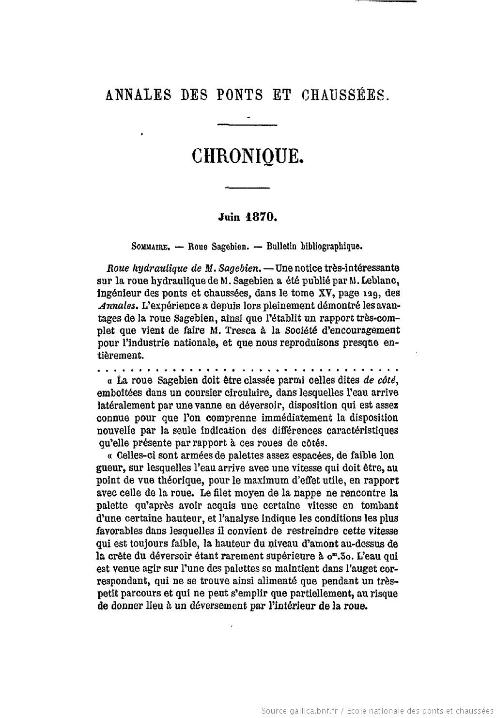 Annales des Ponts et chaussées - Juin 1870 - Chroniques