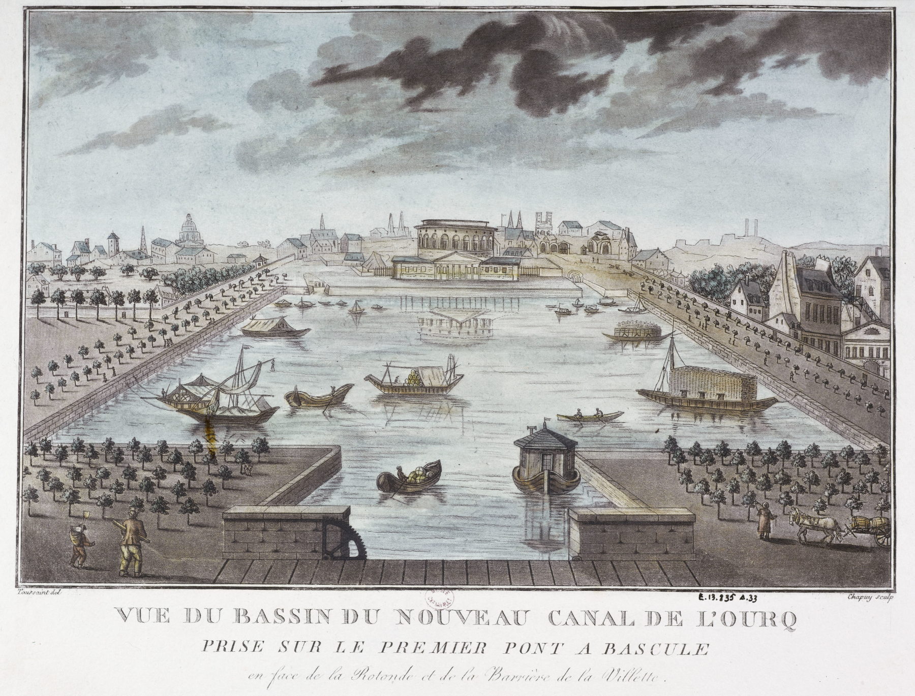 Vue du bassin du nouveau canal de l'Ourq prise sur le premier pont à bascule en face de la Rotonde et de la Barrière de la Villette. - Chapuy, Nicolas Marie Joseph , Graveur
Toussaint (dessinateur) , Dessinateur. 1809 -
CC0 Paris Musées / Musée Carnavalet - Histoire de Paris